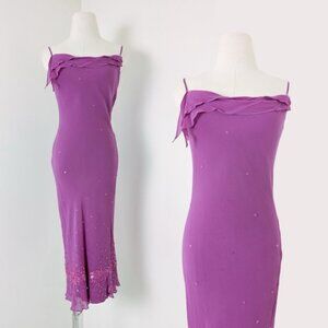 Sandra Angelozzi Silk Midi Dress Sleeveless Spaghetti Straps Bias Cut Fuschia